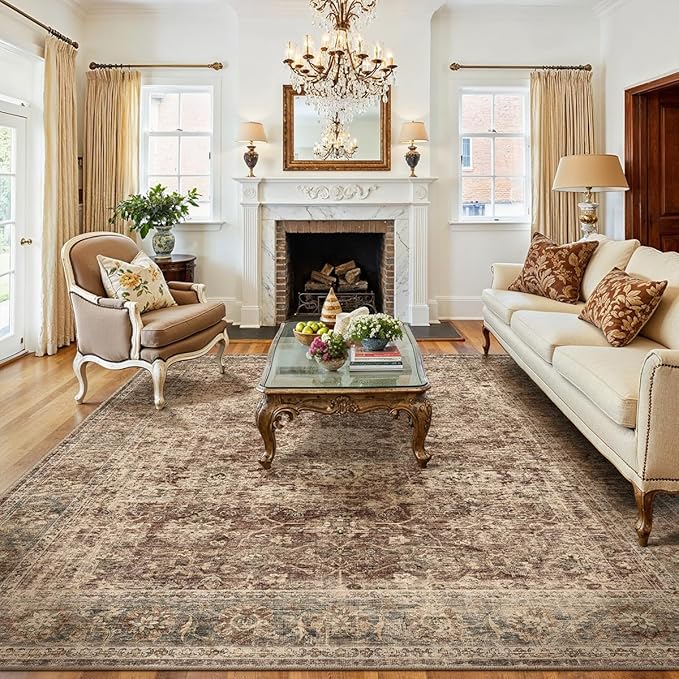 8x10 Washable Area Rug for Living Room Bedroom Rust Vintage Distressed Rustic Large Carpet Non-Slip Low Pile Lightweight Vacuumable Soft Throw Rug for Indoor Dining Room