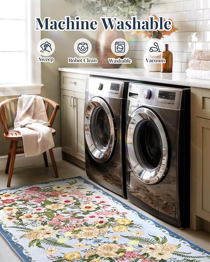 Floral Washable 5x7 Area Rugs - Living Room Rug Non Slip Low Pile Stain Resistant Carpets Indoor Vintage Flower Print Rug for Bedroom Dining Room Kitchen Home Office, Blue
