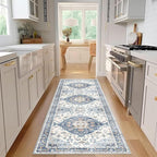 Enkor Runner Rug for Hallway, 2.6x8 Washable Soft Non Slip Floor Rugs for Kitchen, Modern Mat for Living Room Bedroom Entryway Blue & White