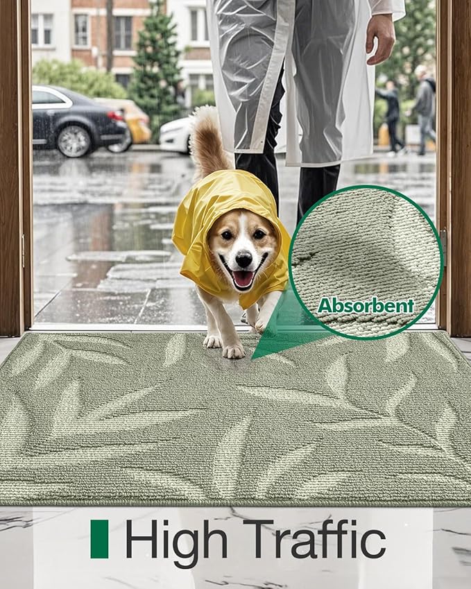 LUMI Front Door Mat Indoor Entrance 36"x60", Low Profile Welcome Mat, Non-Slip Washable Doormat with Rubber Backing for Entrance, Patio, Garage, Green