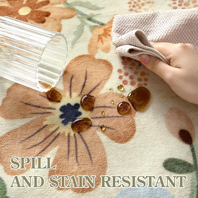 Lahome Floral Washable Round Rugs, Non-Slip Soft Round Rug 4ft Ultra-Thin, Small Boho Circle Carpet for Entryway Kitchen Bedroom Nursery Bathroom, Beige