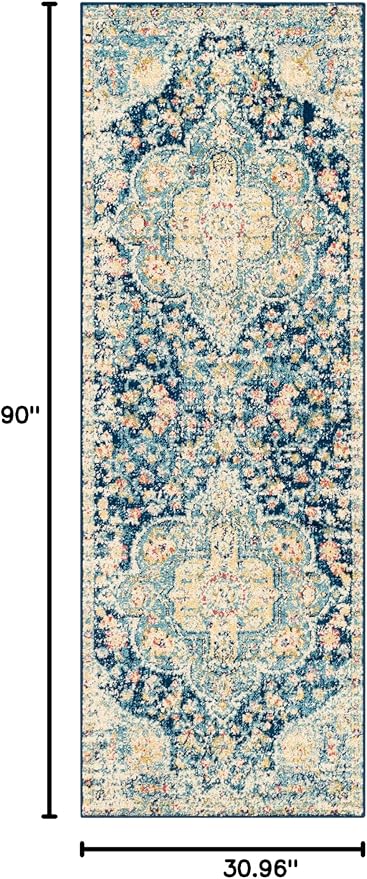 Livabliss Area Rugs - 3x7 Romaine Vintage Boho Navy Sky Blue Rose Runner Area Rug for Living Room Bedroom - Floral Medallion Stain Resistant Carpet for Kitchen, Nursery, Office (2'7" x 7'6", Runner)