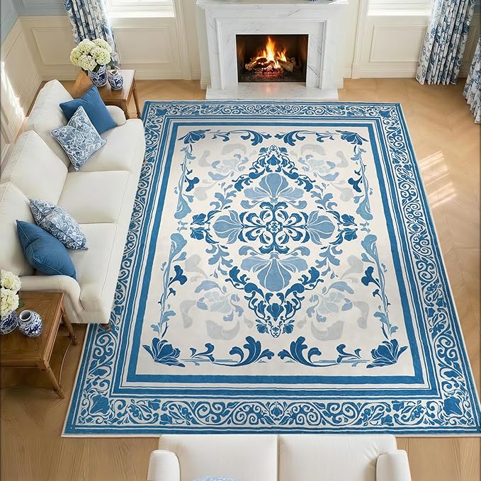 SOULFUL Medium Pile 4x6 Rugs for Living Room - Soft Foot Feel Area Rug - Blue Boho Floral - Washable Non-Slip - Perfect for Bedroom Kids Room Under Dining Table Office