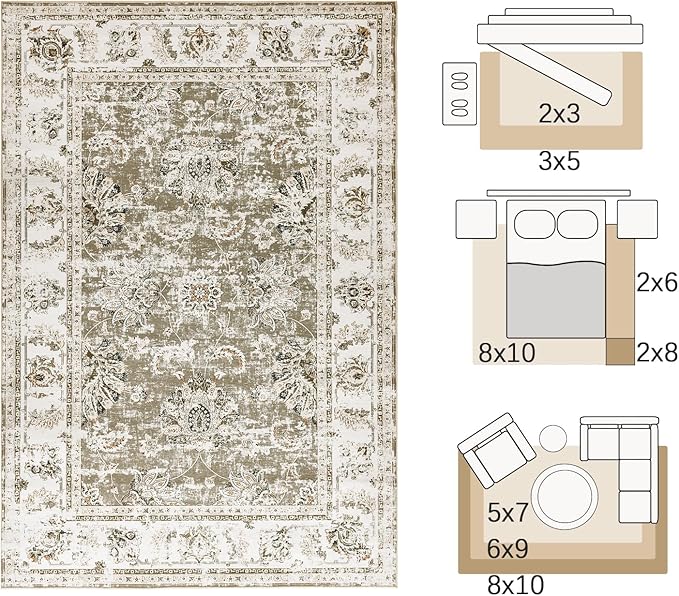 jinchan Fiora 6x9 Area Rugs for Living Room - Machine Washable Vintage Floral Distressed Design Stain Resistant Boho Carpet Ultra-Thin Low Pile Non-Slip Rug for Bedroom Dining Room (6'x9', Taupe)