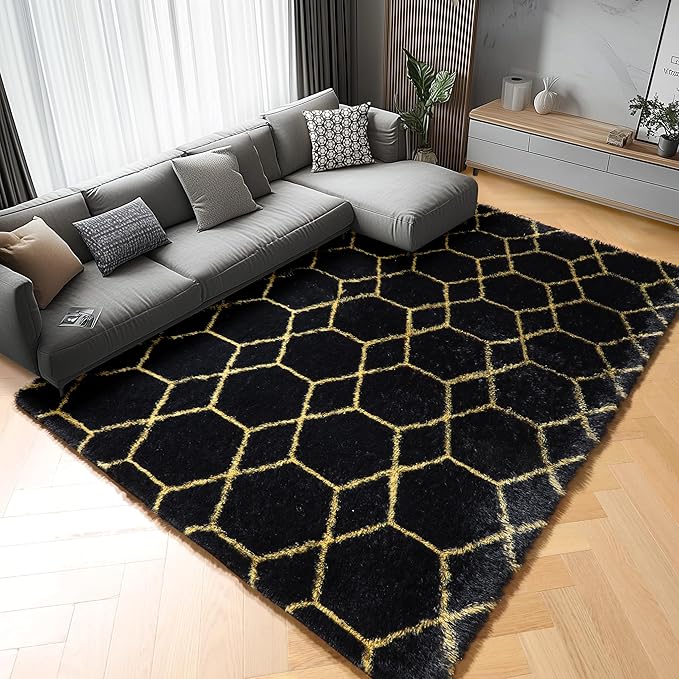 ONASAR 5x8 Rugs for Living Room Bedroom, Washable Fluffy Black and Gold Area Rug, Geometric Boho Soft Plush Shaggy Floor Carpet Mat for Nursery Kids Girls Boys Teen Dorm Home Decor Aesthetic