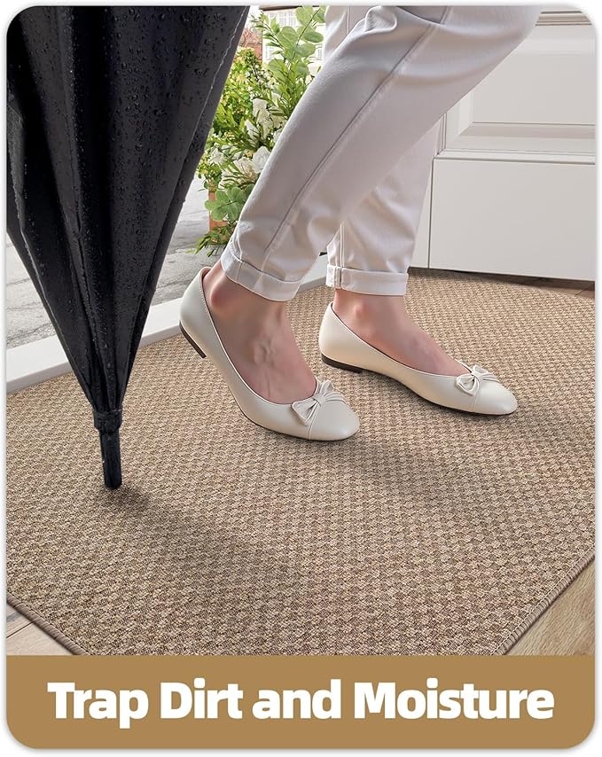 Color&Geometry Thin Front Door Mat Indoor Entrance Non Slip Rubber Backed, 24"x36" Indoor Door Mats for Entryway, Dirt Trapper Doormat, Washable Front Door Rugs, Khaki (Rolled-up NO Creases)