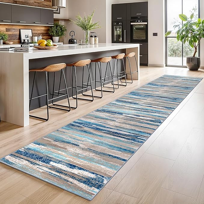 Modern Abstract Runner Rug 2.6x14, Blue Washable Long Kitchen Runner Non-Slip Soft Hallway Rug Runner Thin Print Faux Wool Carpet for Entryway Bedroom Laundry Room Indoor Home Decor