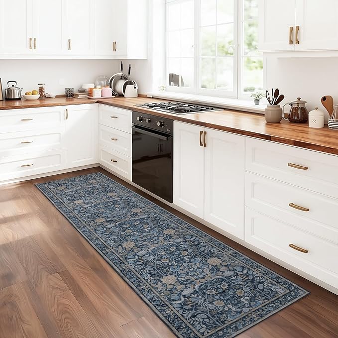 Washable Runner Rug 2x6: Vintage Boho Floral Carpet Runners for Hallway Entryway Non-Slip - Soft Botanical Low Pile Thin Mat for Kitchen Bathroom Bedroom Laundry Floor Decor - Slate Blue