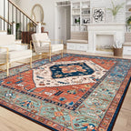 Lahome Area Rugs 9x12 Living Room - Boho Non-Slip Washable Rug Ultra-Thin Stain Resistant Large Carpet Throw Non Shedding Dining Room Mat, Oriental Print Carpet for Bedroom Guest Room (Rust, 9'x12')