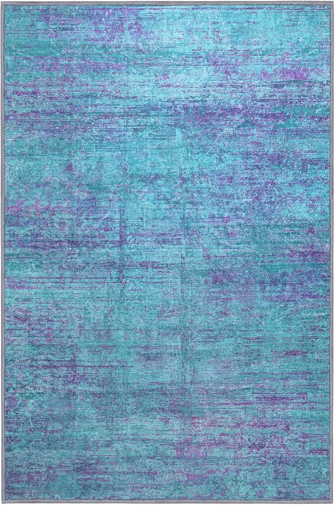 Abstract 5x7 Area Rug, Modern Teal Purple Throw Rugs for Living Room, Washable Soft Large Non-Slip Accent Carpet Floor Mat for Dining Room Office Bedroom - Teal+Purple