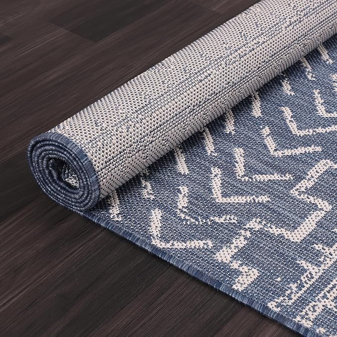 Beverly Rug Waikiki Indoor Outdoor Rug 5x7, Washable Outside Carpet for Patio, Deck, Porch, Trellis Area Rug, Water Resistant, Blue - White