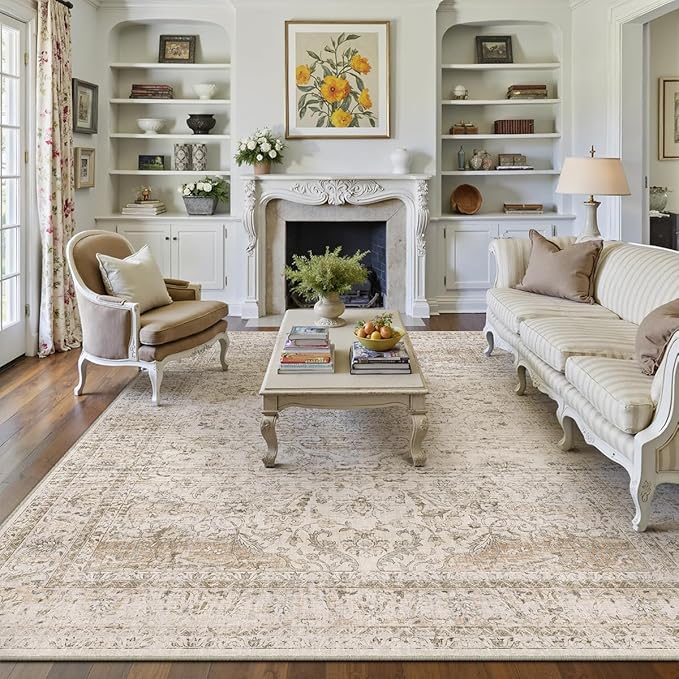 12x15 Beige Area Rug Vintage Living Room Bedroom Washable Carpet Non-Slip Soft Low Pile Distressed Indoor Large Throw Rug for Dining Room Office