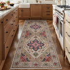 Tangsoo 2x6 Washable Runner Rug for Hallways, Non Slip Vintage Runner Rug, Soft Boho Low Pile Long Rug Runner, Carpet Runners for Kitchen Bedroom Entryway Bathroom Living Room Beige/Red