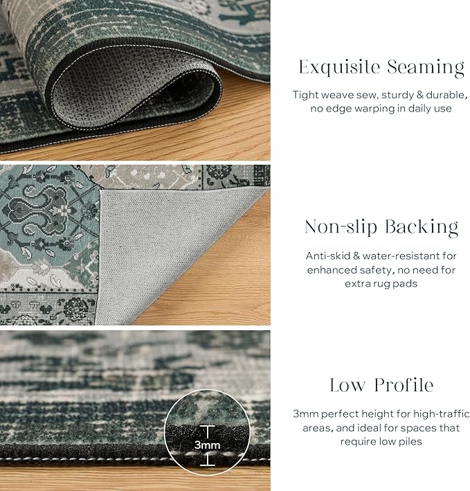 Phantoscope Washable Runner Rug 2'x10' Non-Slip, Vintage Boho Hallway Rugs for Entryway, Stair, Bedroom, Distressed Moroccan Mosaic Diamond Pattern, Low-Pile Foldable Floor Carpet, Grey Charcoal
