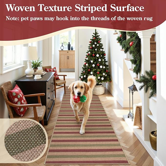 Lahome Christmas Runner Rug, 2x8 Christmas Porch Kitchen Decor for Entryway Front Door, Striped Plaid Decor Non Slip Non Shedding Xmas Decoration for Front Porch Hallway