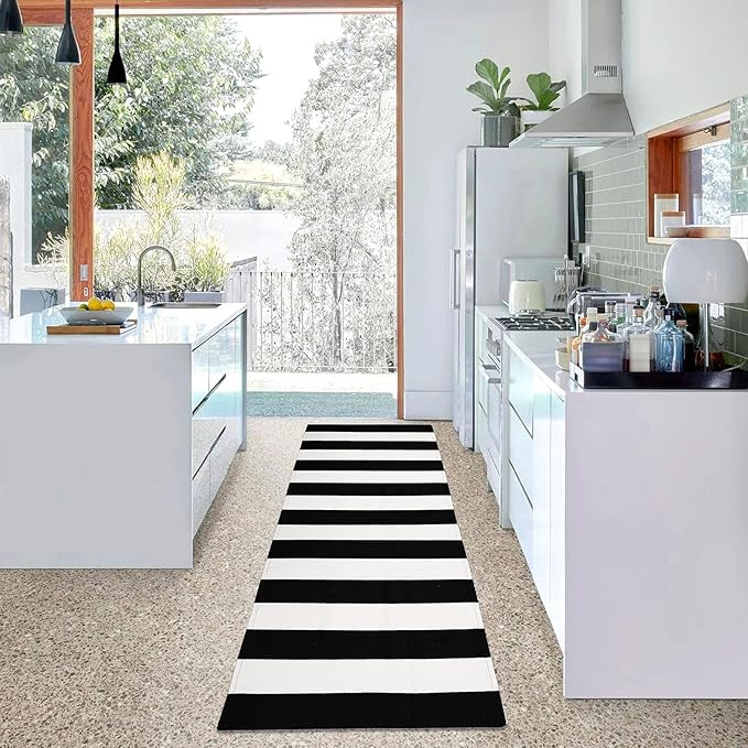 KOZYFLY Black and White Striped Runner Rug 2x6 Ft Washable Hallway Runner Rug Farmhouse Kitchen Rug Hand Woven Cotton Indoor Outdoor Rug for Kitchen Hallway Bedroom Laundry Room
