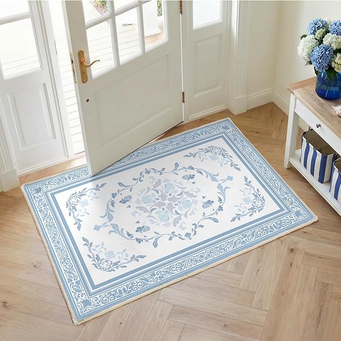 SOULFUL Medium Pile 3x5 Area Rug - Cozy Soft Underfoot Small Entryway Rug - Mist Blue Boho Floral - Washable Non-Slip - Perfect for Living Room Bedroom Foot Kids Room Reading Nook