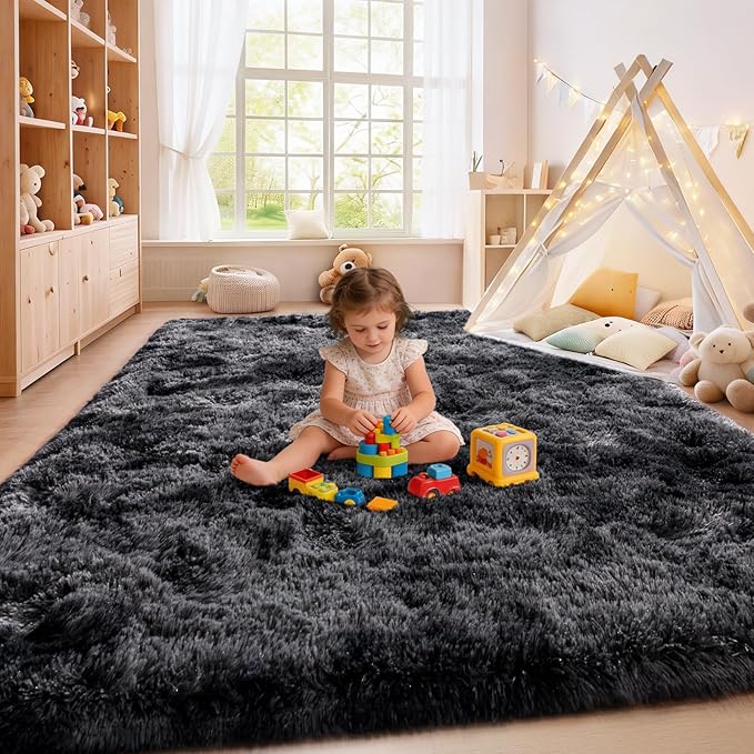 Shaggy Area Rugs, Fuzzy Rugs for Living Room, Soft Nursery Area Rug for Girls, Tie Dye Black Gray Plush Area Rugs Non Slip, Fluffy Rug Carpet 8x10ft