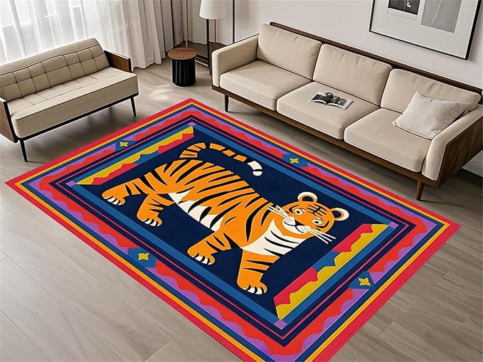 Cartoon Tiger Area Rug, 5x7ft,Tiger Theme Decorative Rug Suitable for Living Room Sofa Area, Modern Abstract Non-Slip Washable Tiger Pattern Rug Suitable for Bedroom Children's Room Decoration