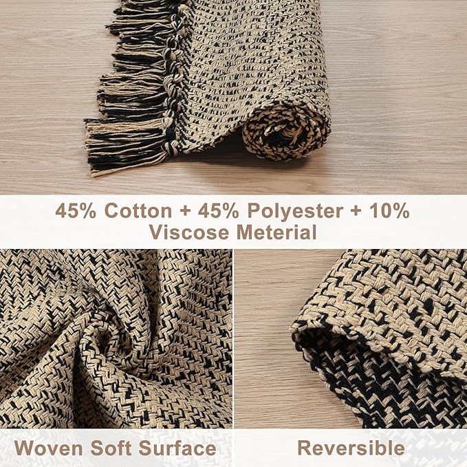Collive Washable Small Bathroom Rug 2x3, Hand Woven Low Profile Front Door Mat Natural/Black Farmhouse Entryway Rugs, Cotton Reversible Kitchen Carpet for Foyer Bedroom Door Decor