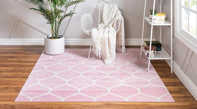 Rugs.com Lattice Frieze Collection Rug – 6' Square Light Pink Medium Rug Perfect for Living Rooms, Kitchens, Entryways