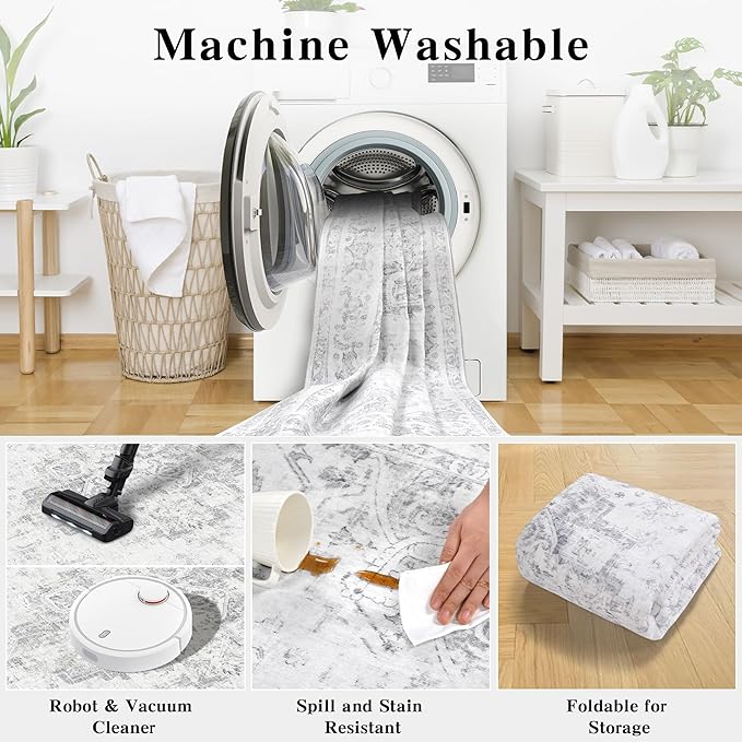 8x10 Vintage Washable Area Rugs Boho Medallion Large Distressed Retro Accent Carpet Floral Non-Slip Soft Low Pile Indoor Throw Rug for Living Room Bedroom Dining Room Office Kitchen, Gray