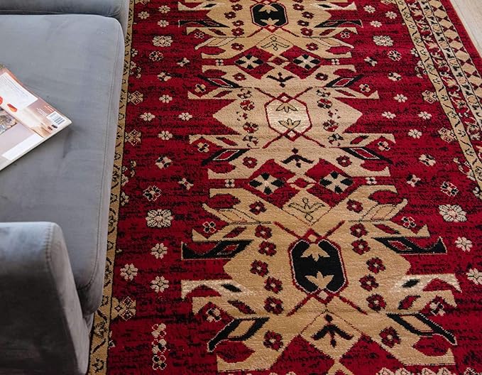 Unique Loom Taftan Collection Border Geometric Tribal Inspired Design Area Rug, 5 ft x 8 ft, Red/Gold