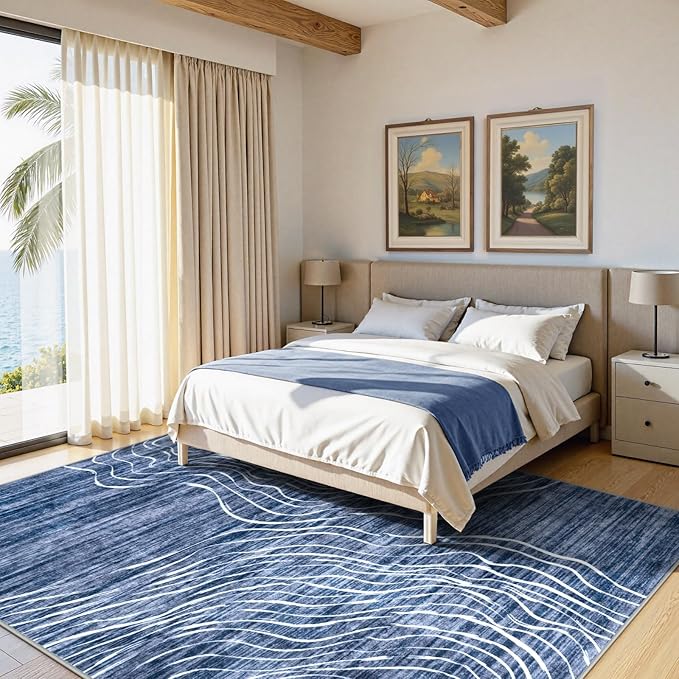 LIVEBOX 8x10 Modern Area Rugs for Living Room, Abstract Non-Slip Washable Rugs, Minimalist Wave Striped Neutral Boys Girl Nursery Area Rug for Bedroom, Carpet for Playroom Office(Navy Blue,8'x10')