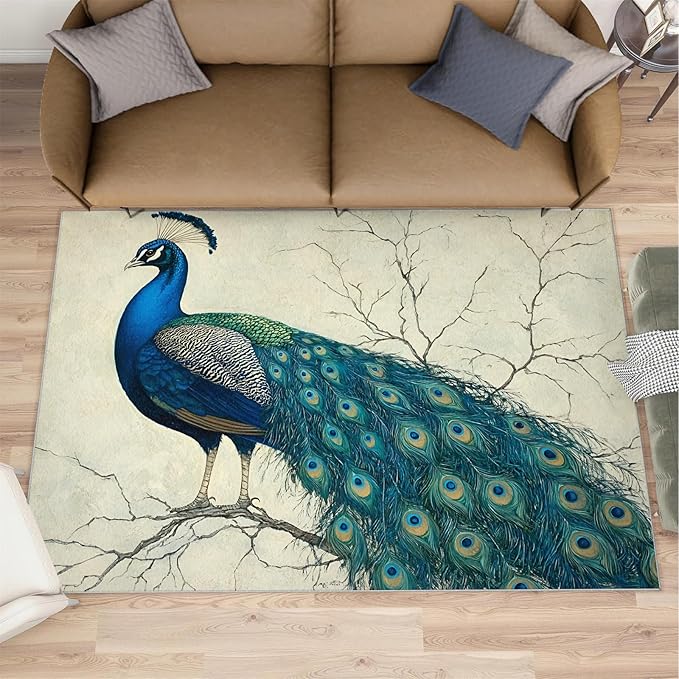 Peacock Area Rug 6x9-6x9 Rug, Peafowl Rugs for Living Room, Teal Turquoise Carpet, Modern Style Washable Area Rugs for Bedroom, Peacock Feather Carpet - Peafowl Home Decor & Gifts