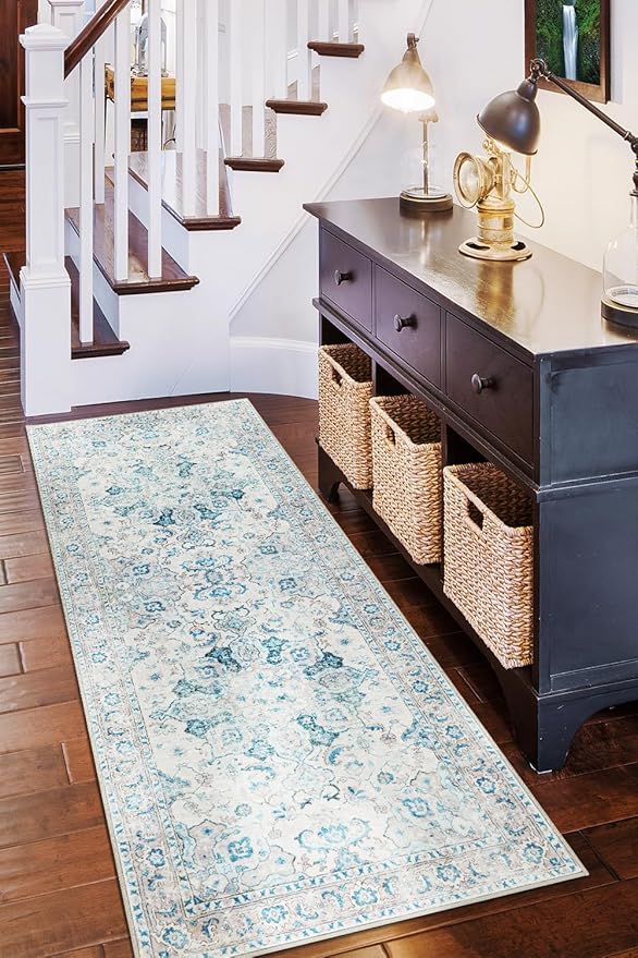 COMSLE Boho Runner Rug, 2' x 6' Washable Area Rugs for Hallway Faux Wool Small Distressed Indoor Door Mat Non-Slip Laundry Room Kitchen Carpet for Entryway Bedroom Khaki Green