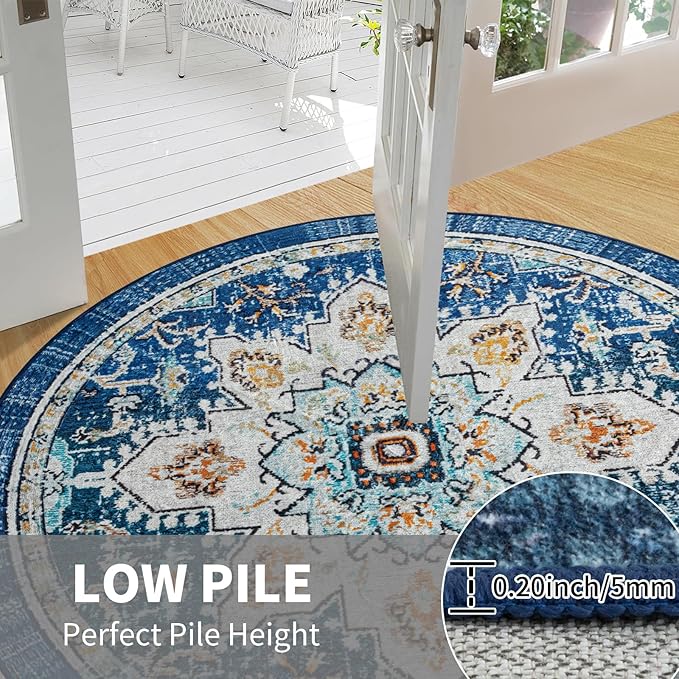 Easy-Going Round Rug 5ft Area Rug Washable Boho Circle Rugs for Living Room Non-Slip Bedroom Rug Low Pile Lightweight Tangerine Vintage Throw Rug for Dining Room Kitchen Office, Floral Aqua Yellow