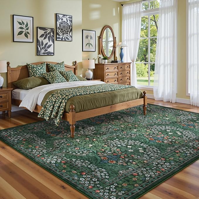 Lahome Floral Washable 6x9 Area Rugs, Soft Green Bedroom Rug for Living Room Ultra-Thin Non Slip Dining Room Rug, Stain Resistant Boho Easy Clean Throw Carpet for Office, Dark Green