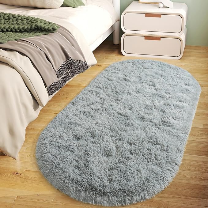 Soft Fluffy Area Rug for Bedroom, Grey Fuzzy Shaggy Oval Throw Rugs for Bedside, Non-Slip Cozy Plush Shag Carpet for Kids Room Nursery Dorm Living Room, 2.6 x 5.3 Feet