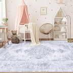 Area Rug 6x9 Living Room Rug, Machine Washable Vintage Distressed Medallion Rug Non-Slip Soft Low Pile Large Indoor Rugs for Bedroom Kitchen Dining Room Office(LightGrey,6'x9')