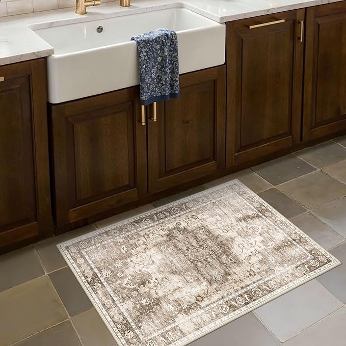 Area Rug 2x3 Doormat, Machine Washable Low Pile Vintage Rugs, Small Lightweight Rug Entryway Indoor Mat for Entrance, Hallway, Kitchen and Corridor, Latte Beige