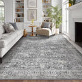 Vintage Neutral Large Area Rugs 9x12 for Living Room, Retro Grey Carpet Rug for Bedroom Dining Room, Washable Rug with Rubber Backing Low Pile Thin Soft for Family Room