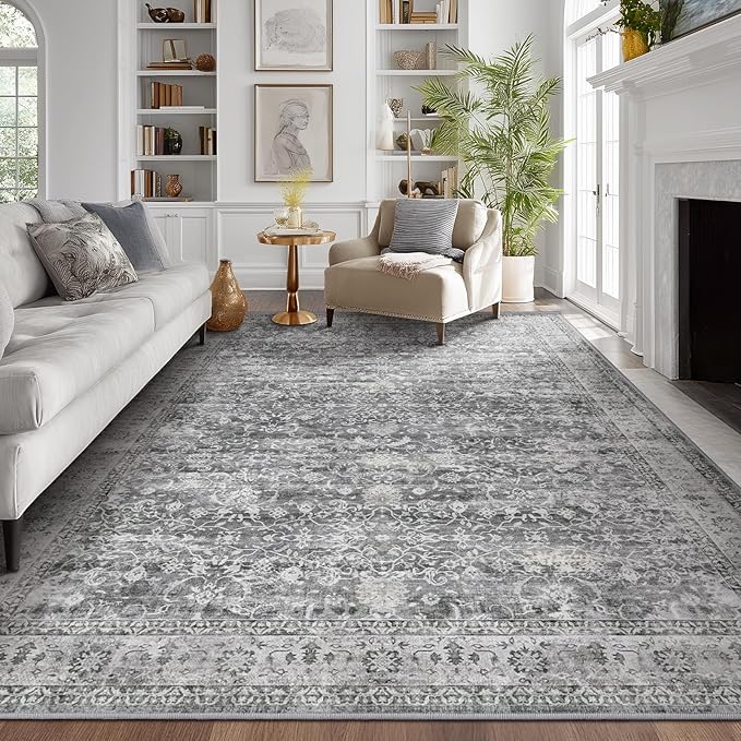 Vintage Neutral Large Area Rugs 9x12 for Living Room, Retro Grey Carpet Rug for Bedroom Dining Room, Washable Rug with Rubber Backing Low Pile Thin Soft for Family Room