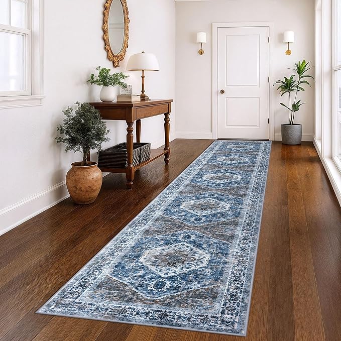 KOZYFLY Runners for Hallways 3x14 Ft Extra Long Washable Kitchen Thin Runner Rug Boho Runner Rug for Entryway Indoor Blue Printed Oriental Faux Wool Stair Floor Carpet Runner for Stair Kitchen Hall