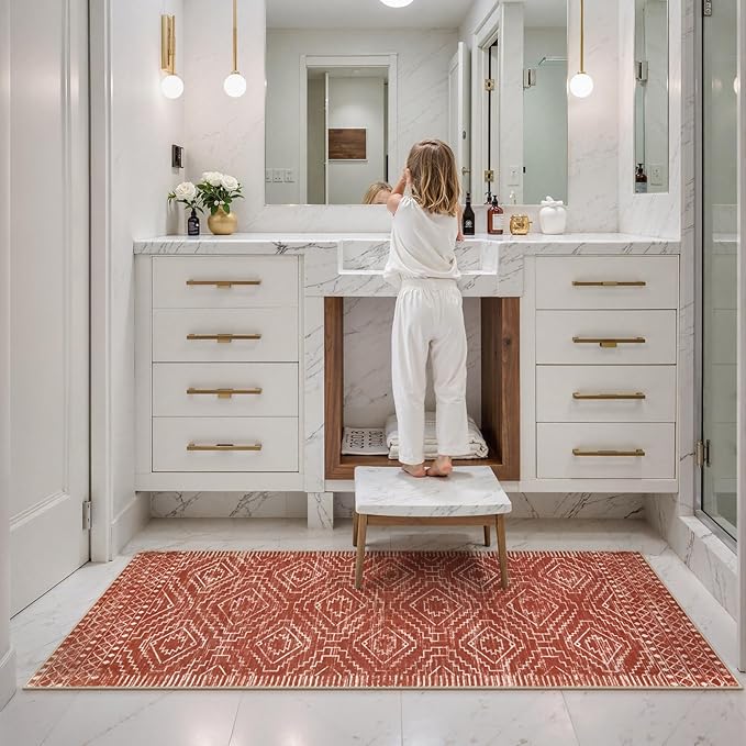 Wonnitar Moroccan Runner Rug 2x6, Washable Hallway Runner Rugs with Rubber Backing,Bohemian Geometric Kitchen Runner Non-Skid Soft Indoor Carpet for Bathroom Laundry Room (Brown,2'x6')