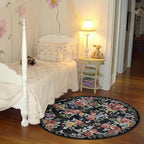 4ft Round Machine Washable Area Rug for Living Room, Black Vintage Boho Floral Rug Large Non-Slip Low Pile Soft Faux Wool Carpet, Kids and Pets Friendly for Bedroom Nursery Farmhouse Home Decor Rug