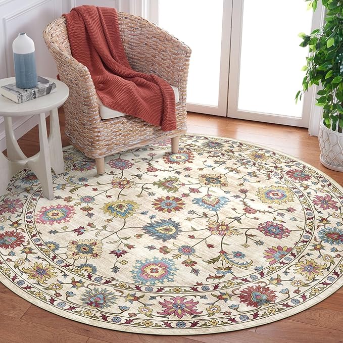 Washable Round Area Rug 6ft - Cream Colorful Traditional Floral Living Room Circle Rug Non-Slip Farmhouse Dining Room Carpet Soft Vintage Bohemian Round Rugs for Bedroom Office Nursery