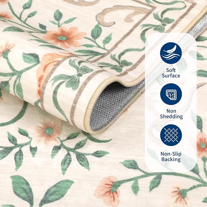 GarveeHome Washable Runner Rug 2x6 Non Slip Hallway Runners Stain Resistant Low Pile Floral Runner Rugs for Kitchen Soft Long Entryway Runner Rugs Beige Boho Throw Carpet for Bedroom Nursery, 2x6