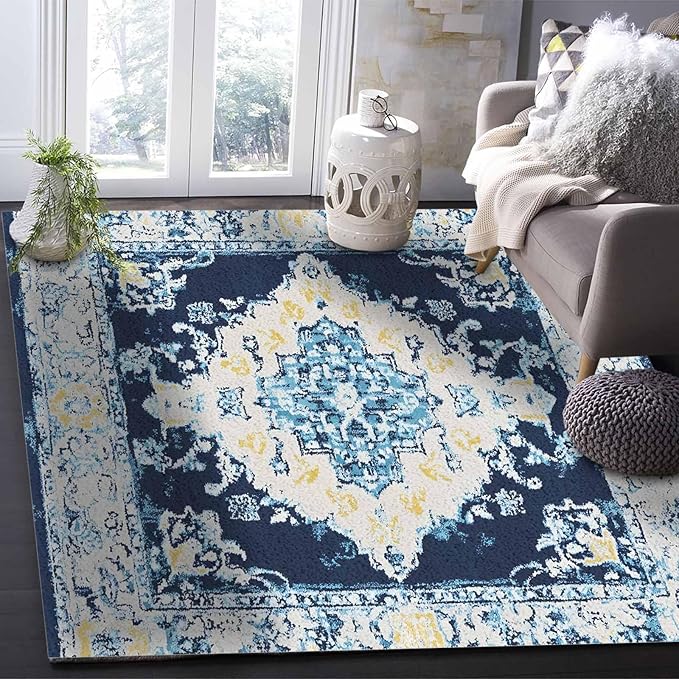 Bohemian Pattern Rectangular Area Rugs for Living Room Bedroom 3 x 5 ft Blue & Yellow Abstract Non-Shedding Soft Low Pile Rug Non Slip Washable Rug for Nursery Entryway Playroom