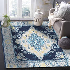 Bohemian Pattern Rectangular Area Rugs for Living Room Bedroom 4 x 6 ft Blue & Yellow Abstract Non-Shedding Soft Low Pile Rug Non Slip Washable Rug for Nursery Entryway Playroom