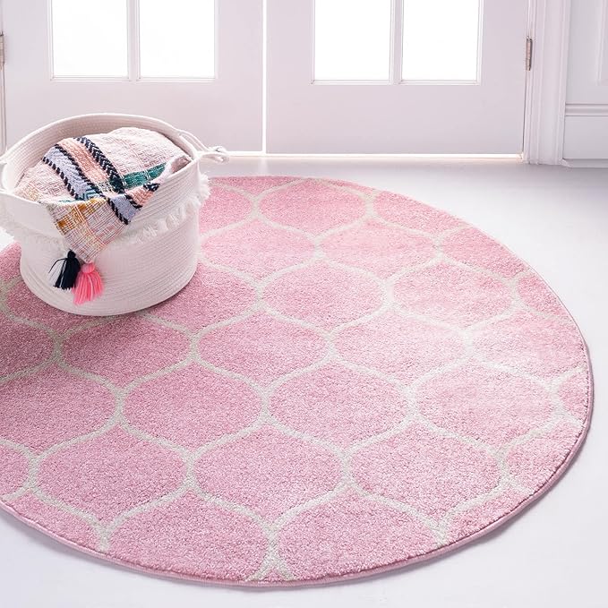 Rugs.com Lattice Frieze Collection Rug – 7' Round Light Pink Medium Rug Perfect for Kitchens, Dining Rooms