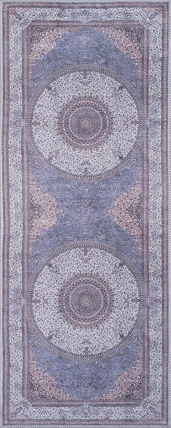 GLN Rugs Traditional Collection - Machine Washable Area Rug, Traditional Washable, Non Slip, Low Pile Chenille Rug, Living Room, Bedroom, Kitchen Rug (2'6" x 7' Navy/Off White)