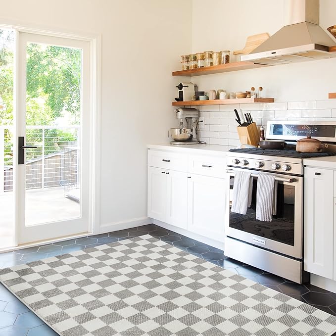 Revival Rugs Gambit 3'11" x 6'1" Checkered Rug Machine Washable Area Rug for Kitchen Bedroom - 100% Recycled Oeko-TEX Certified, Medium Pile, Gray, Beige