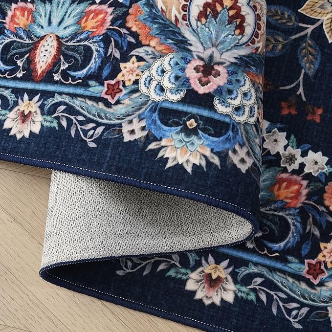 Rugcomf Vintage Paisley 3'x5' Area Rug - Machine Washable, Non-Slip Low Pile Small Floral Carpet for Bedroom, Bedside, Kitchen, Entryway, Kids/Girls Room, Office - Blue