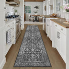 2x10 Hallway Washable Runner Rug Vintage Boho Extra Long Runners for Kitchen, Bathroom, Distressed Floral Floor Mat Non-Slip Farmhouse Carpet, Black