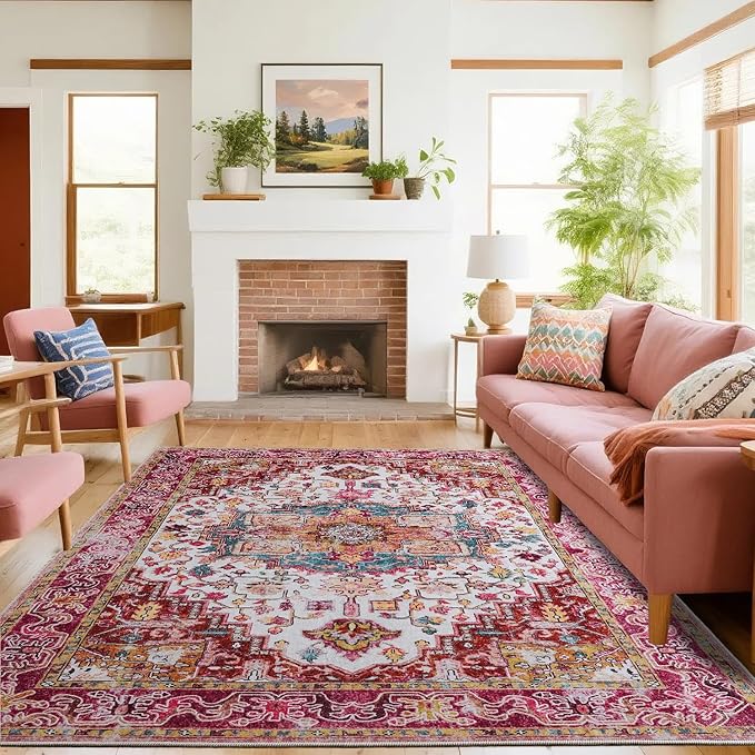 Large Area Rugs 8x10 for Living Room, Washable Vintage Rugs -Low Pile, Soft Plush Rugs for Bedroom, Kitchen, Dining Room, Stain Resistant, Non Shedding, Plum